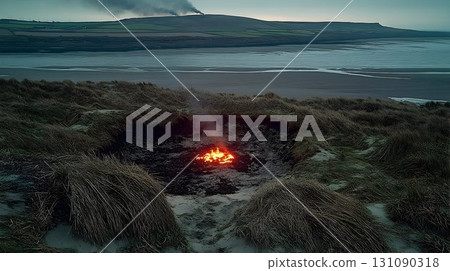 Coastal Dune Fire with Distant Industrial Smoke 131090318