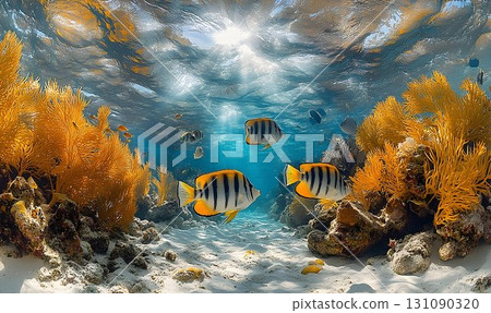 Sunlit Underwater Scene with Butterflyfish, Coral, and Sandy Sea 131090320