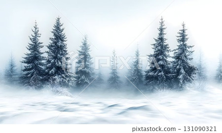 Ethereal Winter Forest: Snow-Dusted Pines in Misty White Landsca 131090321