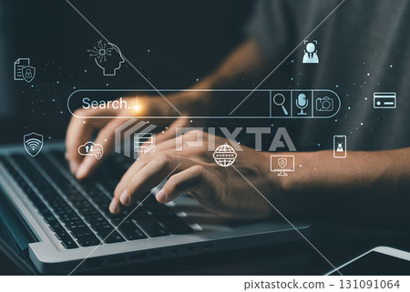 Search with AI Assistant; SEO Search Engine Optimization Concept. AI SEO icons on websites to rank search engines or perform SEO. search on screen. Artificial Intelligence data technology 131091064
