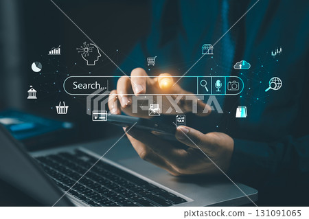 Search with AI Assistant; SEO Search Engine Optimization Concept. AI SEO icons on websites to rank search engines or perform SEO. search on screen. Artificial Intelligence data technology 131091065