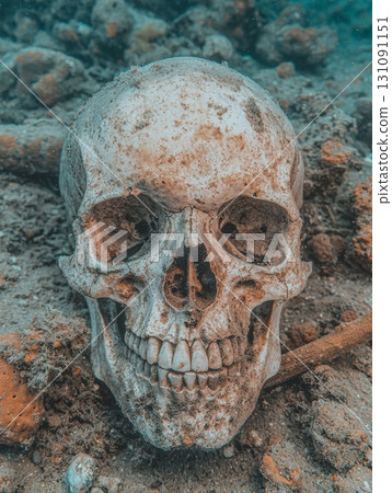Realistic Pirate Skull Surrounded by Coral in Underwater Scene 131091151