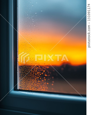 Water Drops Scattered on Smooth Window Pane Reflecting Sunset Glow and Calm Vibes 131091174