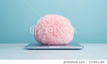 Soft Pink Textured Round Podium on Laptop for Minimalist Pastel Style Presentation 131091180