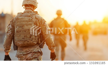 Soldier Approaches Fortified Enemy Position During Daring Storming Mission at Sunset Soldier Approaches Fortified Enemy Position During Daring Storming Mission at Sunset 131091185