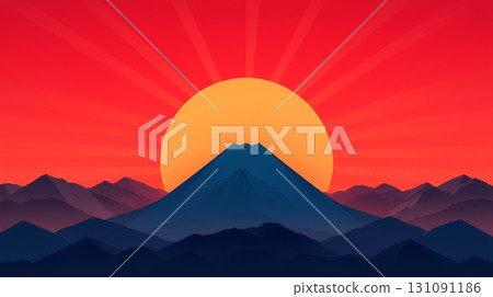 Digital Artwork of Mountain Landscape with Bright Sun and Radiant Background Digital Artwork of Mountain Landscape with Bright Sun and Radiant Background 131091186