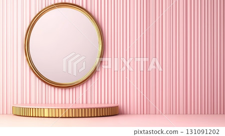 Elegant Round Mirror and Golden Podium Against Pink Striped Wall Background 131091202