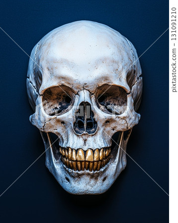 Detailed Pirate Skull with Golden Teeth on Dark Background for Captivating Artwork Detailed Pirate Skull with Golden Teeth on Dark Background for Captivating Artwork 131091210