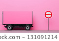 3D Pastel Truck Icon with Restriction Sign Against Bright Pink Wall 131091214