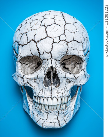 Realistic Pirate Skull Design with Scarred and Cracked Features on Vibrant Background 131091222