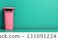 Pastel Pink Trash Can Against a Vibrant Turquoise Wall in a Modern Interior Setting 131091224