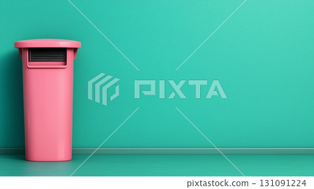 Pastel Pink Trash Can Against a Vibrant Turquoise Wall in a Modern Interior Setting Pastel Pink Trash Can Against a Vibrant Turquoise Wall in a Modern Interior Setting 131091224