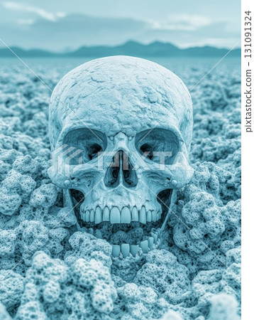 Detailed View of a Pirate Skull Covered in Barnacles Against a Murky Background Detailed View of a Pirate Skull Covered in Barnacles Against a Murky Background 131091324