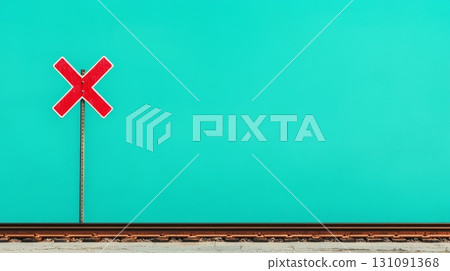 Pastel 3D Icon of Railroad Crossing Sign Against Vibrant Turquoise Background 131091368