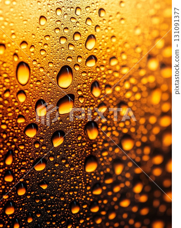 Realistic Water Drops on Glass Surface with Abstract Orange and Black Background 131091377
