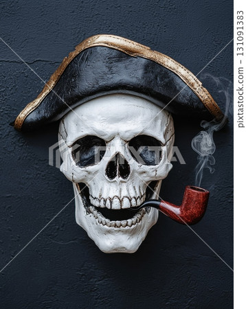 Skull with Pirate Hat and Smoking Pipe, Eerie and Decorative Wall Art 131091383