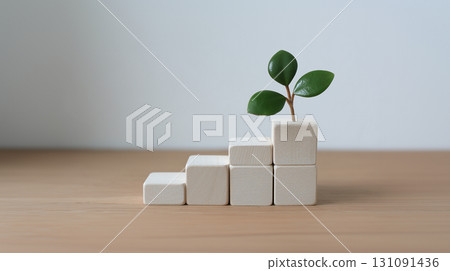 Wooden blocks with plant sprout symbolizing growth and sustainable progress 131091436