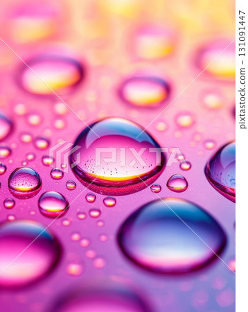 Abstract View of Colorful Water Droplets on Glass Surface with Vibrant Background 131091447