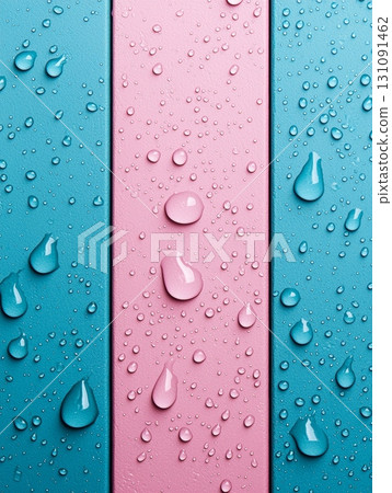Close-Up of Colorful Surfaces with Water Drops and Misted Glass Texture 131091462