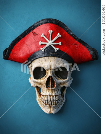 Realistic Pirate Skull with Red Hat and Glowing Eyes on Blue Background 131091463