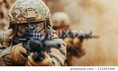 Soldier Engaging Enemy in Fortified Position During Tactical Operation 131091466