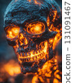 Captivating View of a Flaming Pirate Skull with Glowing Gold Teeth and Fiery Effects 131091467