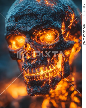 Captivating View of a Flaming Pirate Skull with Glowing Gold Teeth and Fiery Effects 131091467