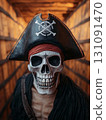 Realistic Pirate Skull Wearing Hat Surrounded by Treasure Chests in Atmospheric Setting 131091470