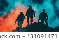 Soldiers Silhouetted Against Vibrant Smoke in Battlefield Scene with Dramatic Lighting 131091471