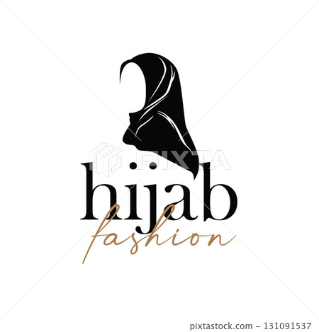 Beauty design concept of woman with black silhouette of simple elegant hijab logo, showing Muslim women's clothing style, illustration of symbol template for poster and brand 131091537