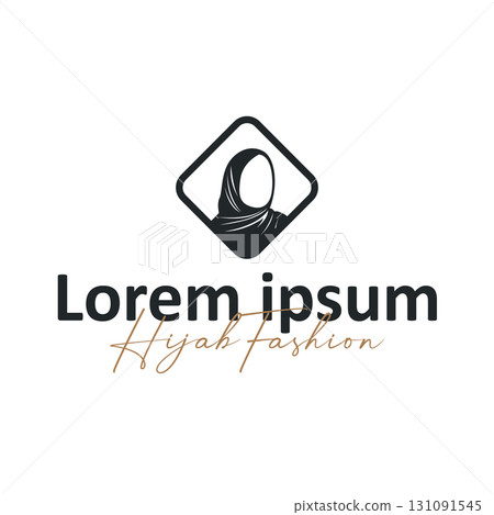 Beauty design concept of woman with black silhouette of simple elegant hijab logo, showing Muslim women's clothing style, illustration of symbol template for poster and brand 131091545
