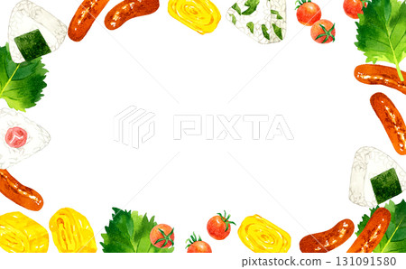 Frame of classic bento rice balls and side dishes - hand-drawn watercolor illustration background material Frame of classic bento rice balls and side dishes - hand-drawn watercolor illustration background material 131091580