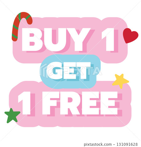 Festive Christmas sale icon of BUY 1 GET 1 FREE for online shopping, marketing, winter promotion, sticker, banner, special price, discount, button, campaign badge, sticker, brochure, ads, web button 131091628
