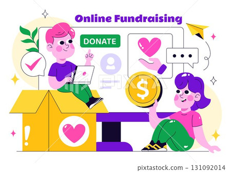 Online Fundraising Illustration Featuring a Fundraiser with a Heart to Symbolize Support and Humanitarian Assistance, Donation, and Helping Others Online Fundraising Illustration Featuring a Fundraiser with a Heart to Symbolize Support and Humanitarian Assistance, Donation, and Helping Others 131092014