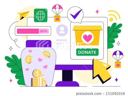 Online Fundraising Illustration Featuring a Fundraiser with a Heart to Symbolize Support and Humanitarian Assistance, Donation, and Helping Others 131092016