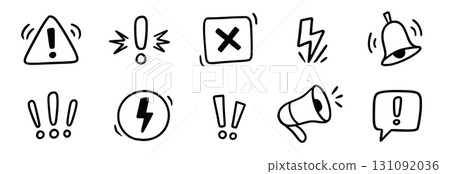 Doodle attention sign icon set. Hand drawn caution signs, warning marks and alert sketch symbols designed to exclamation sign, error or important attention icon doodle. Vector 131092036