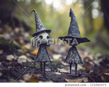 Scary Clay Dolls with Witch Hats in Spooky Atmosphere Scary Clay Dolls with Witch Hats in Spooky Atmosphere 131092473