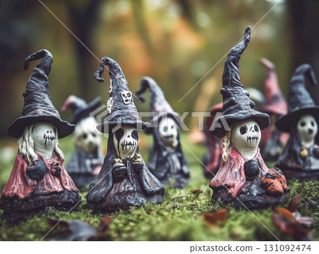 Clay Figurines Halloween Party in Dark Forest Setting 131092474