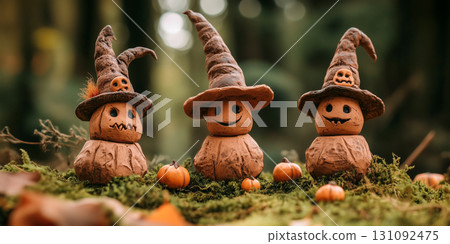 Spooky Clay Figurines with Glowing Pumpkins in Dark Forest Spooky Clay Figurines with Glowing Pumpkins in Dark Forest 131092475