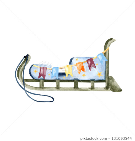 Wooden Christmas sled. Watercolor winter sleigh, sledge. Traditional vehicle of northern indigenous people, flag garland. Isolated clip art. Folk life, culture card design, children educational book 131093544