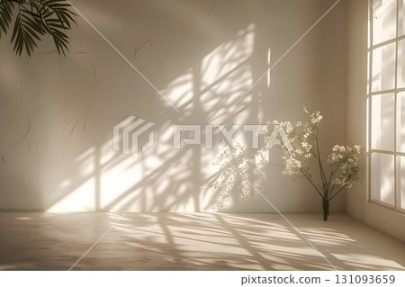 empty room with soft natural light, shadows of a window frame, background empty room with soft natural light, shadows of a window frame, background 131093659