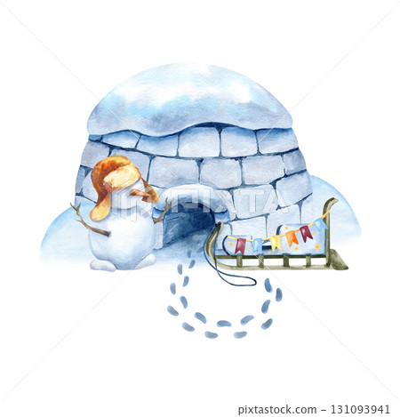 Igloo with snow on top, snowman, Christmas wooden sled, footprints. Watercolor icehouse, snowdrift, flag garland. Art isolated from background. New year card, winter decoration, children design Igloo with snow on top, snowman, Christmas wooden sled, footprints. Watercolor icehouse, snowdrift, flag garland. Art isolated from background. New year card, winter decoration, children design 131093941