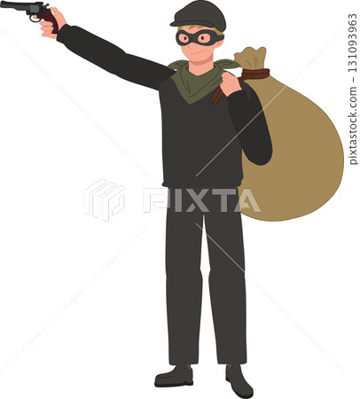armed robbery bandit masked criminal holding pistol and sack of money 131093963