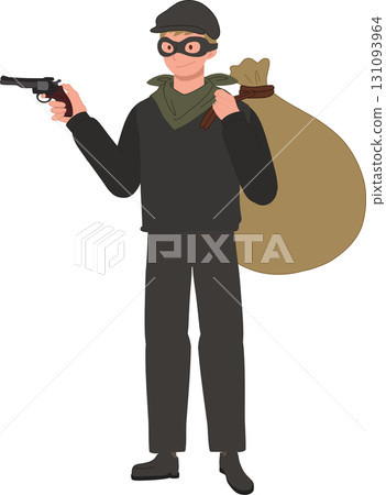 robber thief burglary masked man cartoon criminal with money bag and gun 131093964