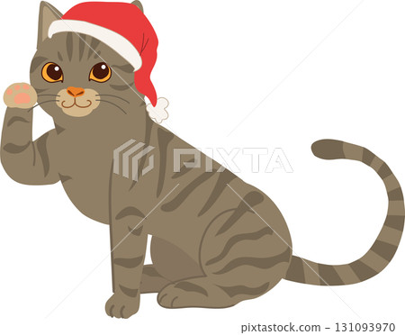 christmas cat illustration with santa hat cute tabby kitten cartoon festive holiday. 131093970