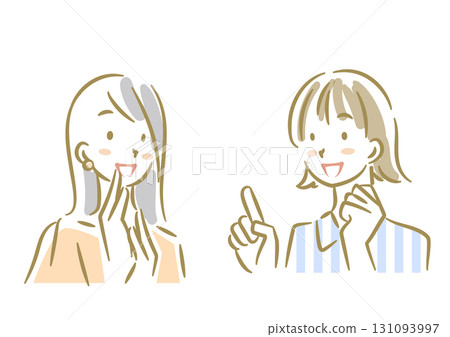 兩位年輕女子愉快地聊天 — 一幅柔和、時尚的線條畫插圖 兩位年輕女子愉快地聊天 — 一幅柔和、時尚的線條畫插圖 131093997