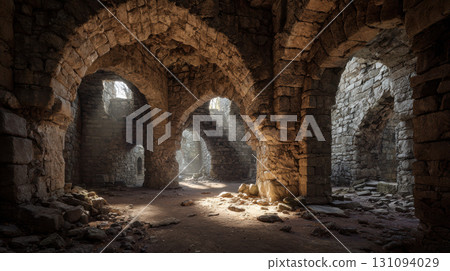 Ruined castle interior with crumbling stone archways and dramatic light, ancient and mysterious 131094029