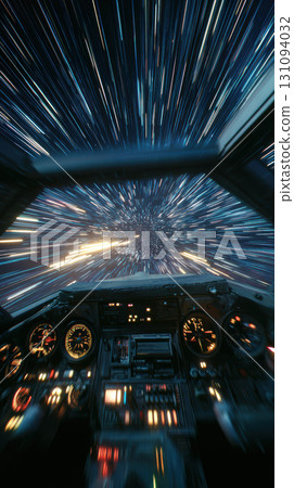 Spaceship cockpit at warp speed, streaks of light, futuristic, fast, adventure Spaceship cockpit at warp speed, streaks of light, futuristic, fast, adventure 131094032
