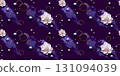 A fantastic pattern of sparkling jewelry and flowers against a starry sky background 131094039