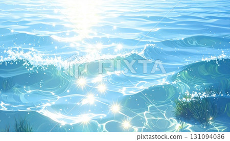 AI 影像：反射陽光的波光粼粼的藍色大海 131094086